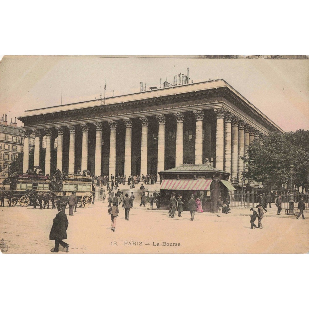 Paris France La Bourse Stock Exchange Horse Drawn Omnibus Kiosk Antique Postcard
